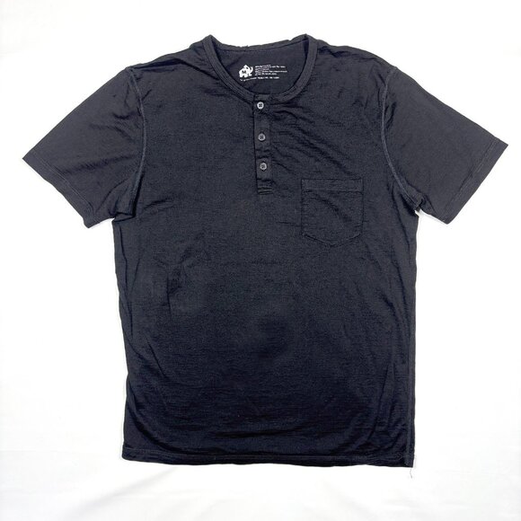 Woolly 100% Merino Wool Black Short Sleeve Pocket Henley T-Shirt Mens Medium - Picture 1 of 11